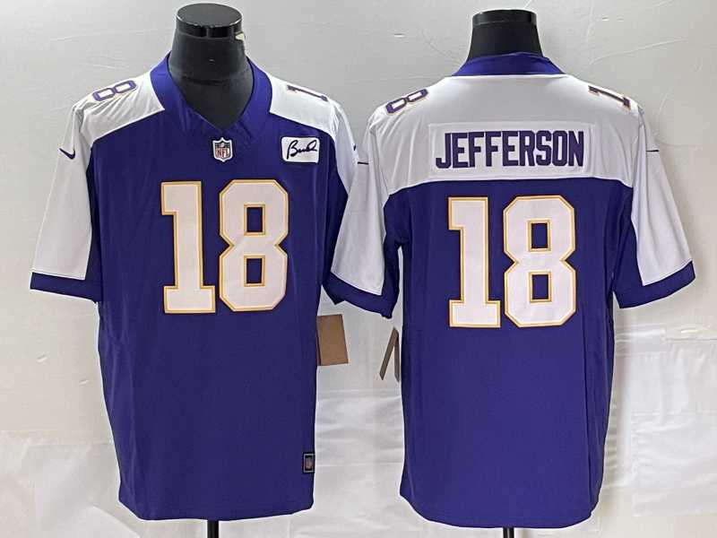 Men%27s Minnesota Vikings #18 Justin Jefferson Purple 2023 FUSE Bud Grant Patch Limited Stitched Jersey->miami dolphins->NFL Jersey